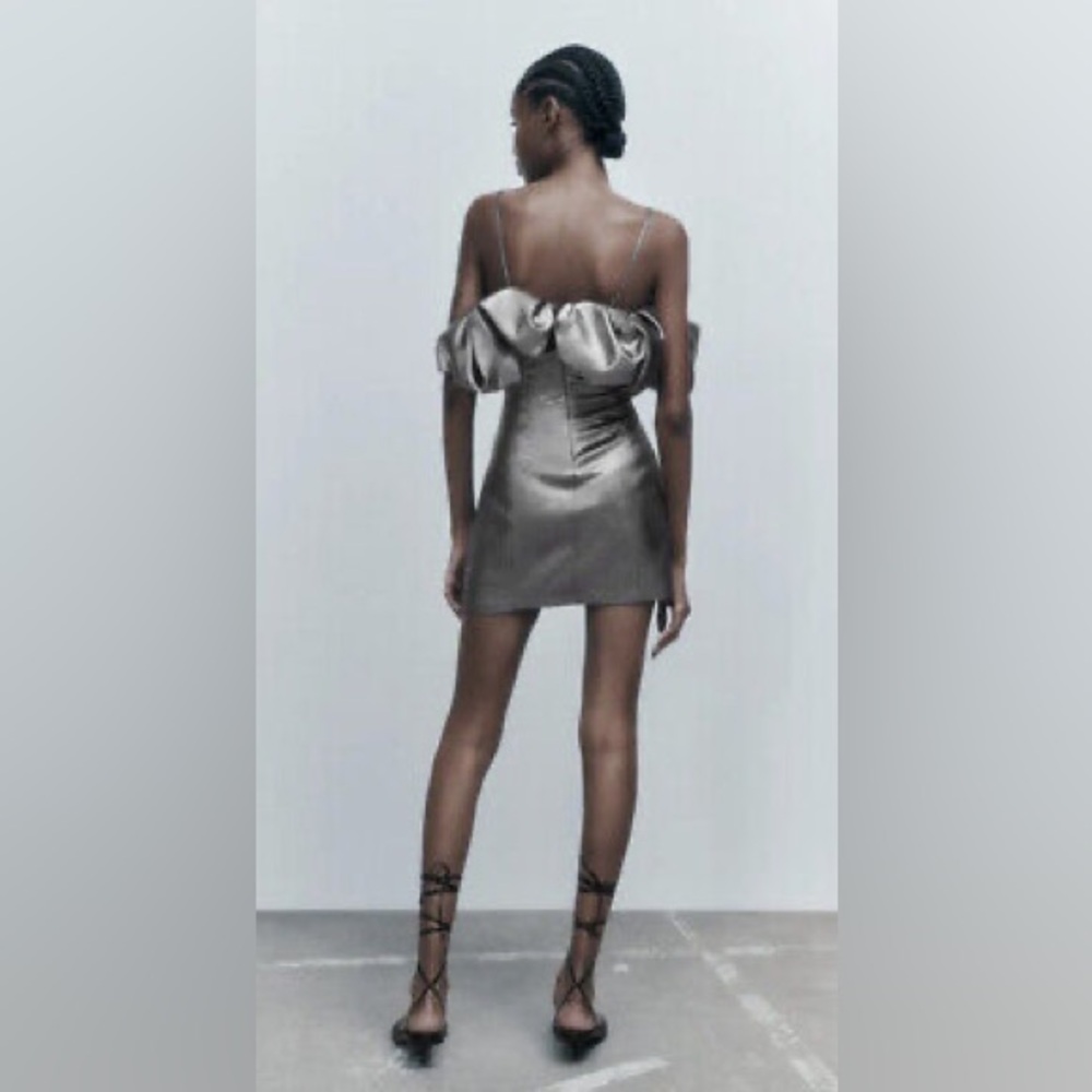 NWT Zara Metallic Mini Dress Silver Ruffle Strapless Party Cocktail Clubwear - Picture 2 of 5